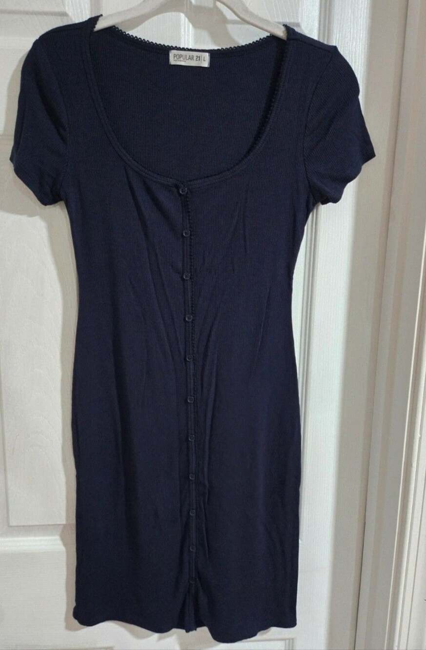 Popular 21 Ribbed Button Down Dress Size L Navy Blue Scoop Neck